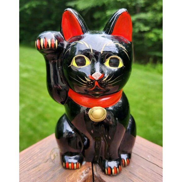 Maneki Neko Lucky Black Cat Red Ribbon Japanese Hand Painted Bank Right Paw Up - Picture 1 of 6